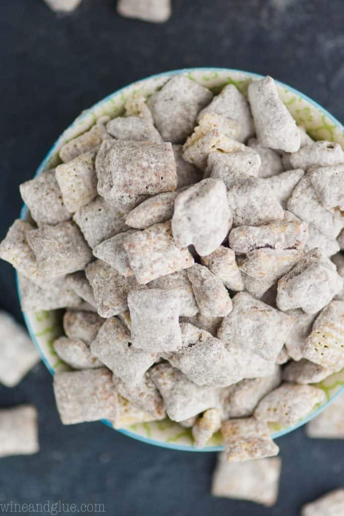 overhead view of puppy chow in a bowl