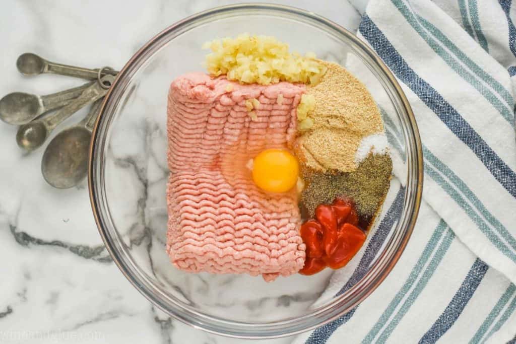 overhead view of a bowl full of ingredients to make a turkey meatloaf recipe