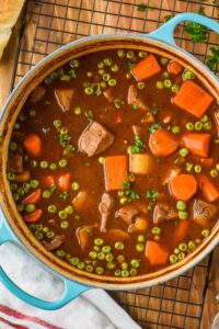 overhead view of a teal dutch oven holding beef stew