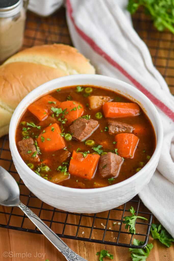 small white bowl holding best beef stew recipe