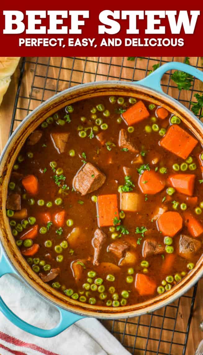 overhead view of a teal dutch oven holding beef stew