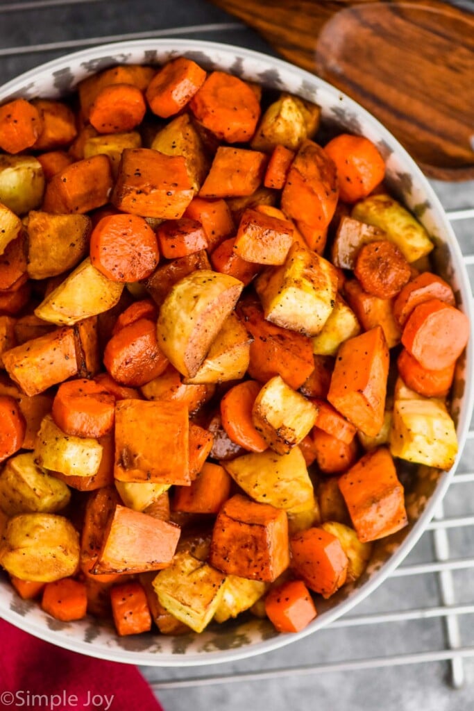 overhead view of a serving bowl full of roasted root vegetable recipe