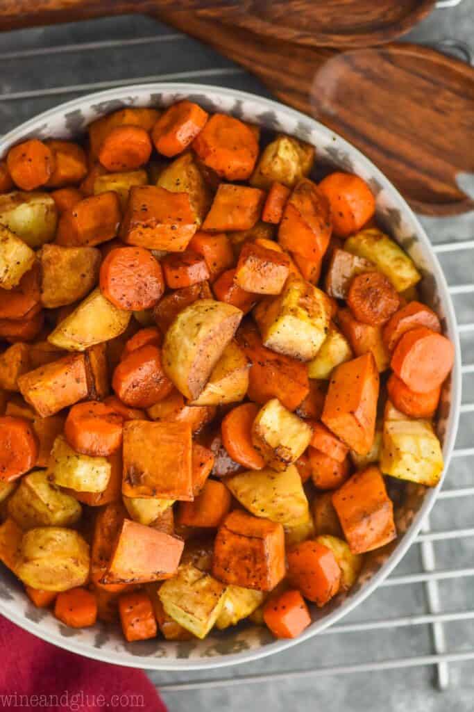 overhead view of a serving bowl full of roasted root vegetable recipe