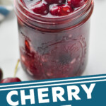 pinterest graphic of small mason jar of cherry pie filling, says: cherry pie filling simplejoy.com