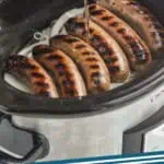 pinterest graphic of beer being poured over grilled brats in a slow cooker, says "3 ingredient beer brats, simplejoy.com"