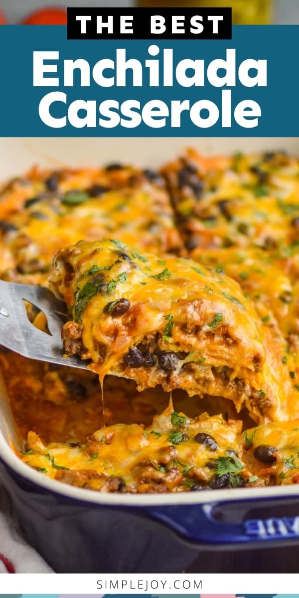 piece of cheese enchilada casserole being lifted out of baking dish