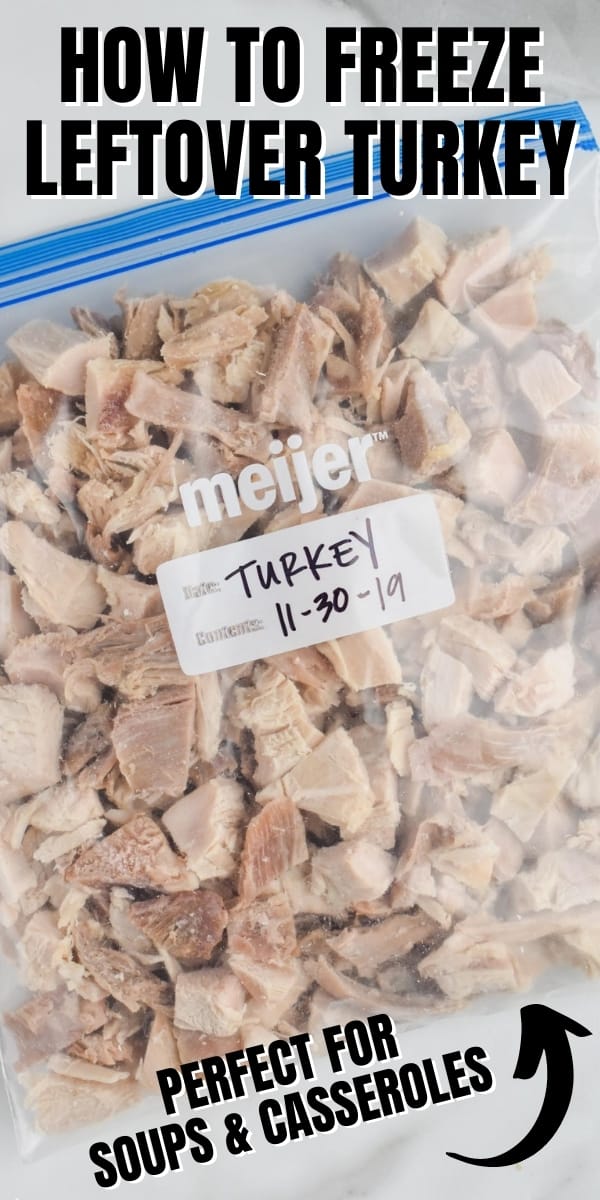 a plastic storage bag full of frozen turkey cut into bite sized pieces