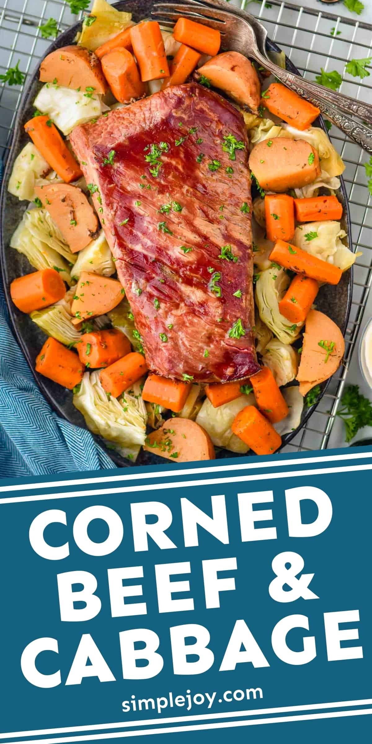 corned beef and cabbage on a platter with a graphic of the words underneath