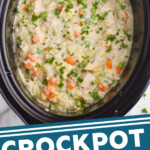 pinterest graphic of overhead of crockpot chicken and rice, says "crockpot chicken & rice, simplejoy.com"