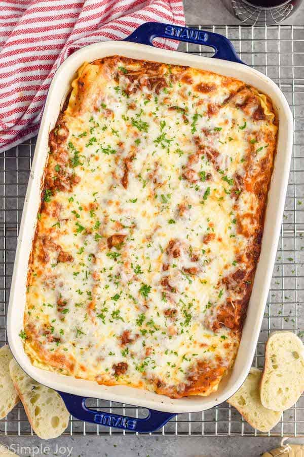 overhead of a baking dish full of turkey lasagna