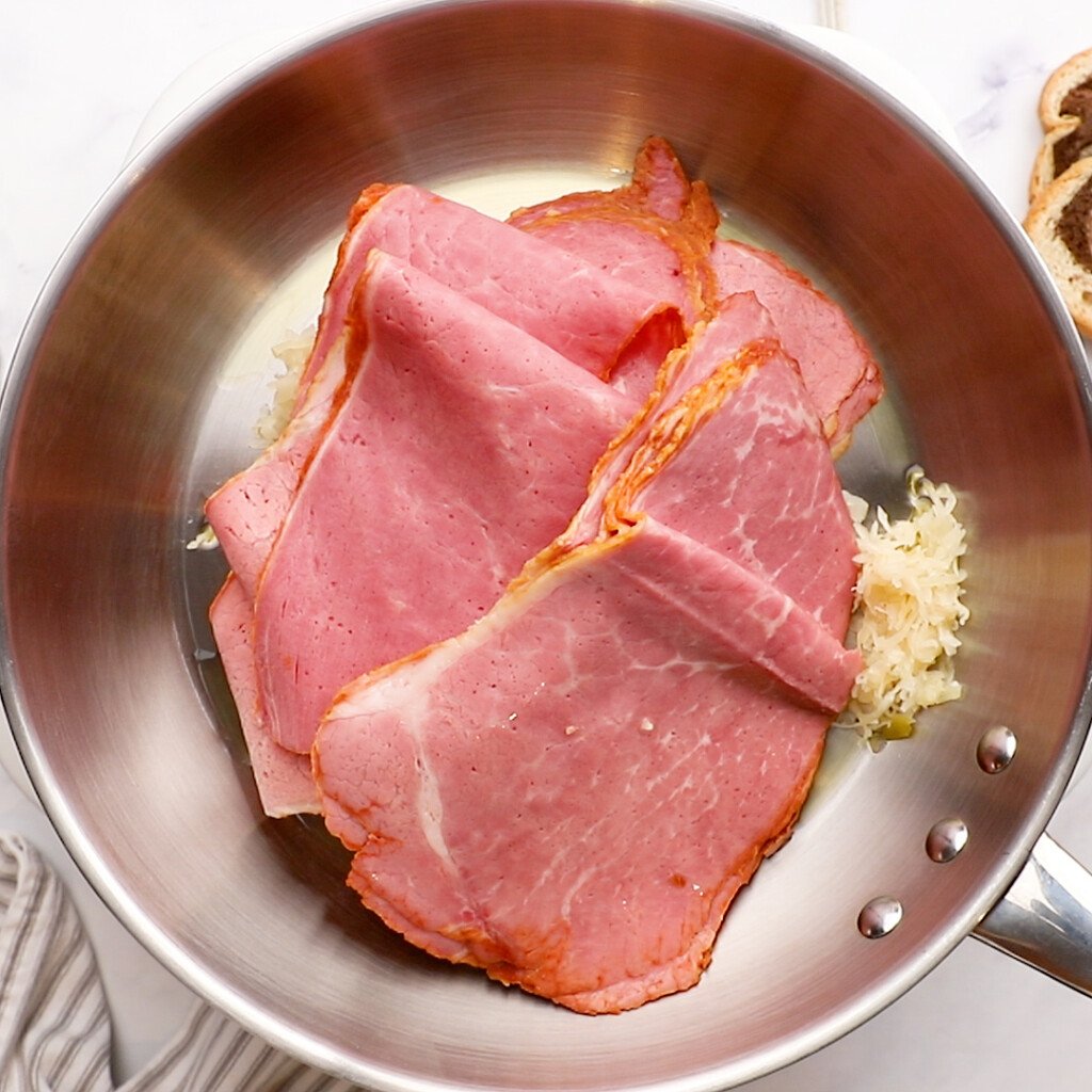 corned beef and sauerkraut in a skillet