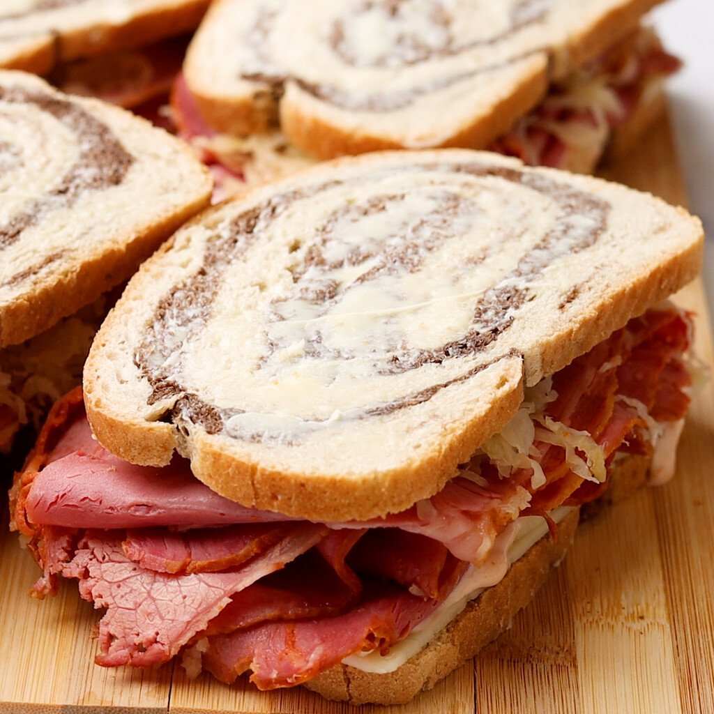 a reuben sandwich constructed but not grilled yet