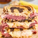 three halves of a Reuben Sandwich stacked