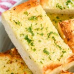 close up of a piece of easy garlic bread