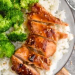 Overhead photo of a plate of Teriyaki Chicken, rice, and broccoli.