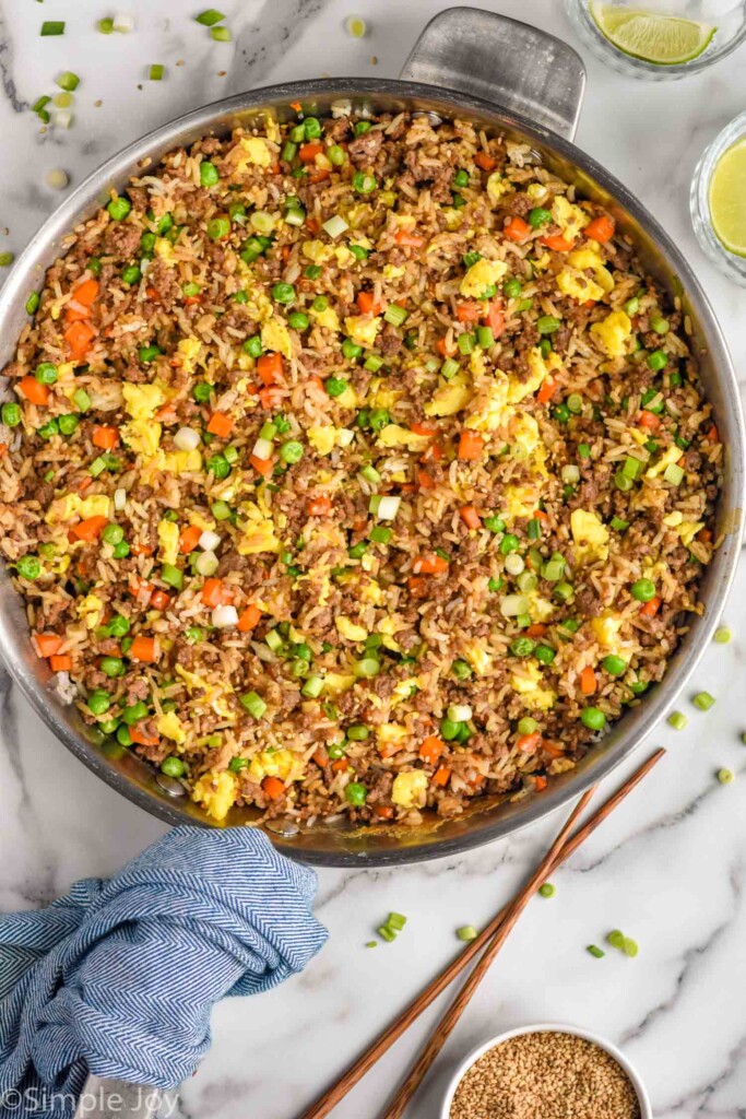Overhead view of skillet of Beef Fried Rice
