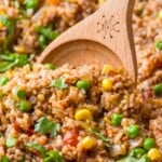 close up of large serving Spoon, serving up Ground Beef and Rice