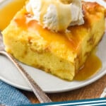 Pinterest graphic for Bread Pudding recipe. Image shows a piece of Bread Pudding on a plate topped with Bread Pudding sauce and a dollop of ice cream. Fork beside on plate. Text says, "Bread Pudding simplejoy.com"