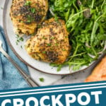 Pinterest graphic for Crock Pot Chicken Thighs recipe. Image shows a plate with Crock Pot Chicken Thighs and arugula salad. Fork, glass of red wine, and bread beside. Text says, "crockpot chicken thighs simplejoy.com."