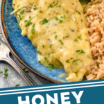 pinterest graphic for honey mustard chicken. Photo shows plate with piece of Honey Mustard Chicken, green beans, and rice. Text says "honey mustard chicken simplejoy.com"