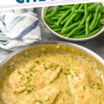 Pinterest graphic for honey mustard chicken. Text says "the best honey mustard chicken simplejoy.com" Image shows a skillet of honey mustard chicken with bowl of green beans sitting in background