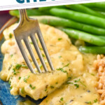 Pinterest graphic for honey mustard chicken. Text says "the best honey mustard chicken simplejoy.com" Image shows fork holding piece of honey mustard chicken on a plate with green beans and rice.