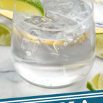 Pinterest graphic for Vodka Tonic recipe. Image shows Vodka Tonic garnished with lime wedge. Text says, "Vodka Tonic simplejoy.com"