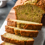 Pinterest graphic for zucchini bread. Text says "the best zucchini bread simplejoy.com" Image shows sliced loaf of Zucchini Bread on a cutting board