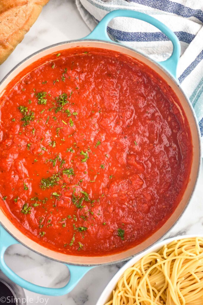 Overhead view of a pot of Spaghetti Sauce with fresh herbs as garnish. Bowl of spaghetti noodles beside.