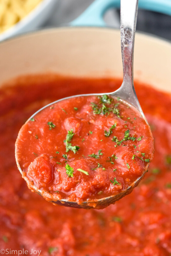 Close up view of a ladle full of Spaghetti Sauce over a pot of Spaghetti Sauce. Fresh herbs sprinkled on top.