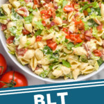 Pinterest graphic for BLT Pasta Salad. Image shows overhead of bowl of BLT Pasta Salad, says "BLT Pasta Salad simplejoy.com"