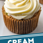 pinterest graphic of a cupcake with a swirl of cream cheese frosting on it "cream cheese frosting simplejoy.com"