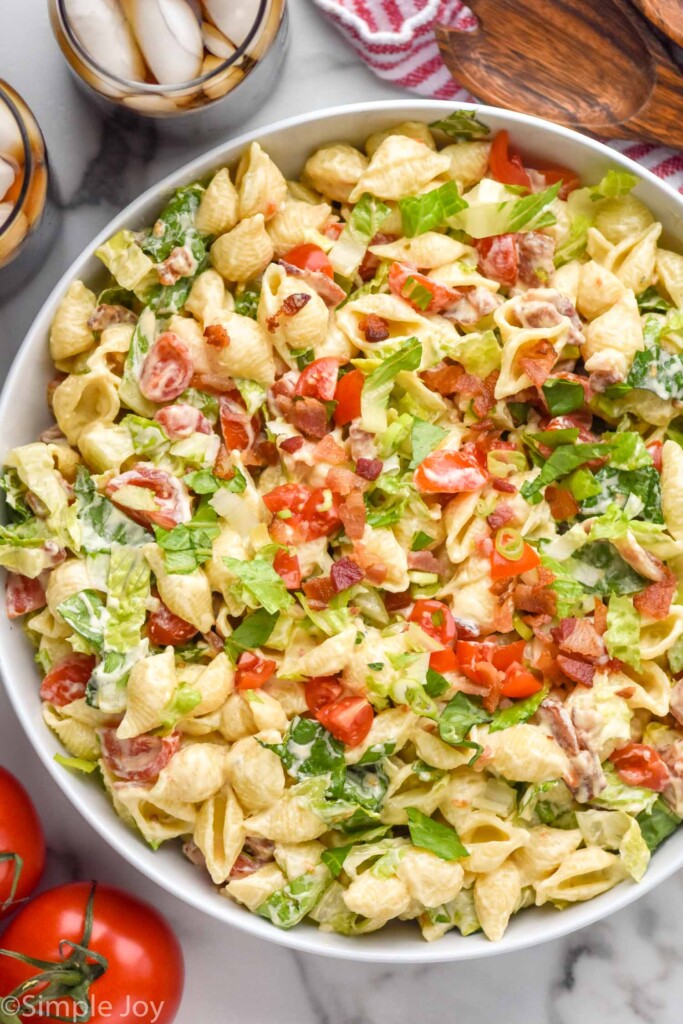 overhead of bowl of BLT Pasta Salad