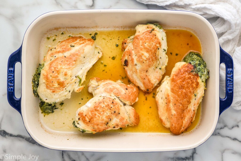 overhead of baking dish of Stuffed Chicken Breasts