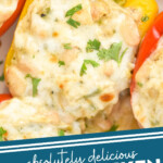 Pinterest graphic of White Chicken Chili Stuffed Peppers. Image shows close up of White Chicken Chili Stuffed Peppers topped with parsley, text says "absolutely delicious White Chicken Chili Stuffed Peppers simplejoy.com"