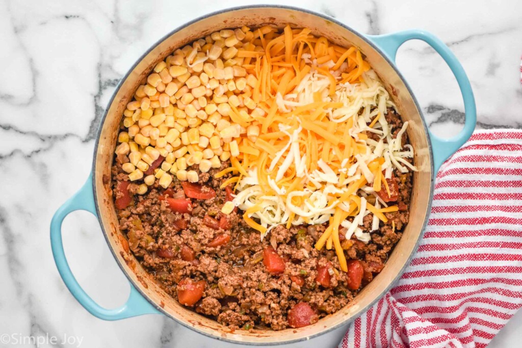 overhead of pot of tamale pie ingredients