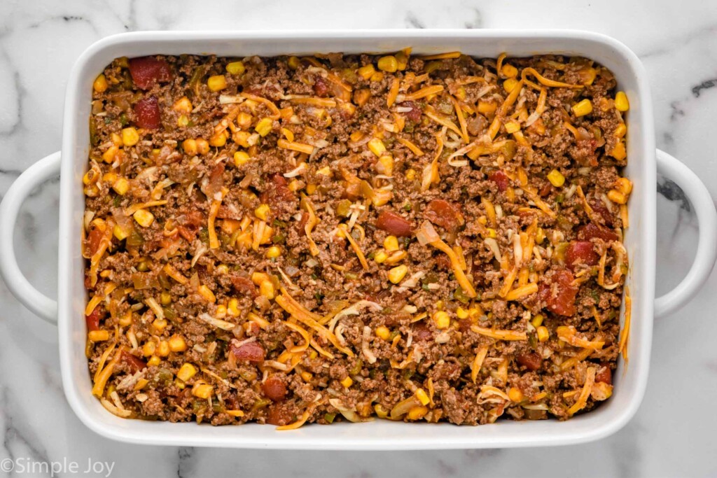 overhead of casserole dish of tamale pie