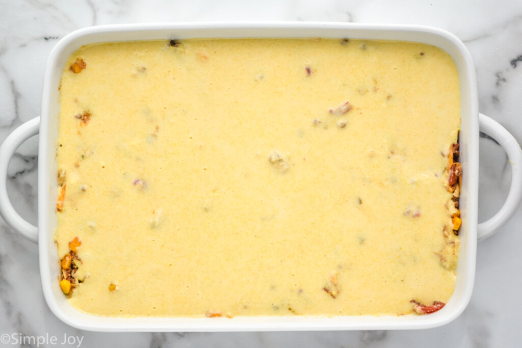 overhead of casserole dish of tamale pie