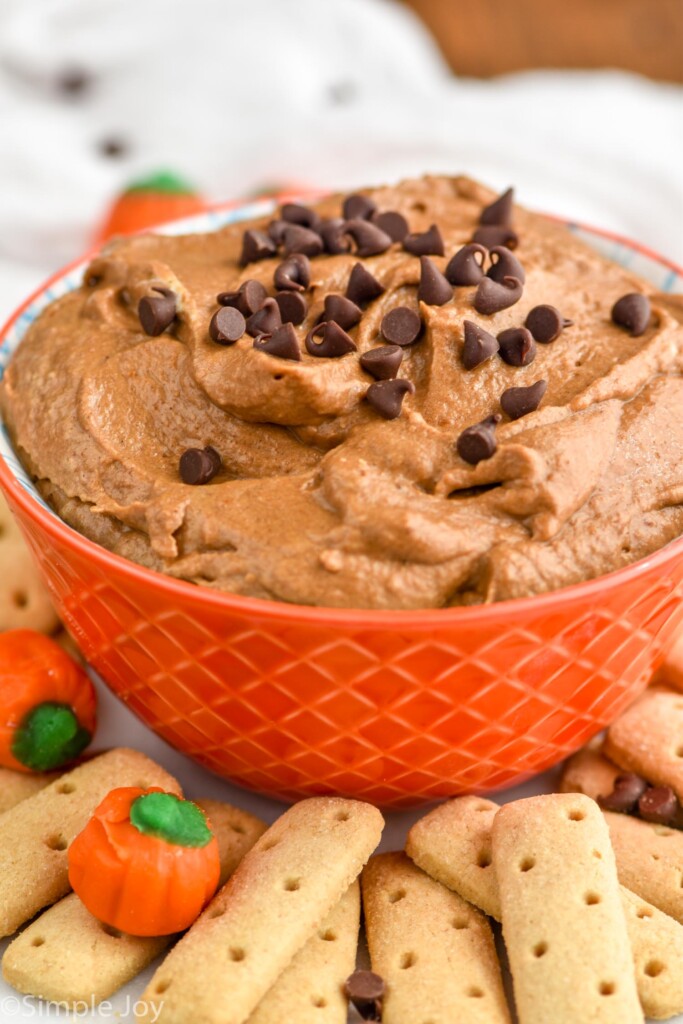 Bowl of Pumpkin Nutella Dip garnished with mini chocolate chips. Dipping sticks, candy pumpkins, and mini chocolate chips beside.