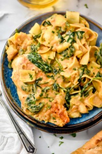 plate of Spinach Artichoke Chicken with pasta