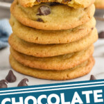 Pinterest graphic for chocolate chip cookies. Image shows a stack of chocolate chip cookies with chocolate chips sitting in front. Says "chocolate chip cookies simplejoy.com"