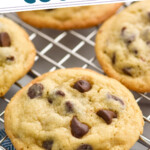 Pinterest graphic for Chocolate Chip Cookies. Text says "homemade chocolate chip cookies simplejoy.com" Image shows close up of a chocolate chip cookie on a wire cooling rack