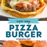 Pinterest graphic for Pizza Burgers. Top image shows a close up of a pizza burger on a bun with cheese and pepperoni. Text says "super easy pizza burger simplejoy.com" Lower image shows four pizza burgers on buns with some french fries surrounding