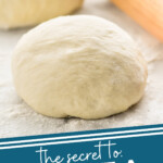 Pinterest graphic for Pizza Dough recipe. Image shows two balls of dough and a rolling pin on flour-covered surface. Text says, "the secret to: Pizza Dough simplejoy.com"