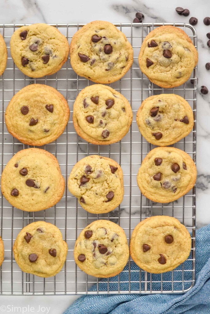 overhead of Chocolate Chip Cookies on a wire cooling rack