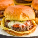 Pizza Burger on a bun with melted cheese and pepperoni. French fries sitting in front, Pizza Burgers sitting in background