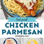 Pinterest graphic for Chicken Parmesan. Top image shows a plate of spaghetti topped with a piece of Chicken Parmesan, melted cheese, and fresh parsley. Text says "fool proof chicken parmesan simplejoy.com" Lower images show how to make Chicken Parmesan: chicken cutlet in flour mixture, floured chicken cutlet in egg mixture, chicken cutlet in breadcrumb mixture, and four breaded chicken cutlets on a wire rack over a foil covered baking sheet.