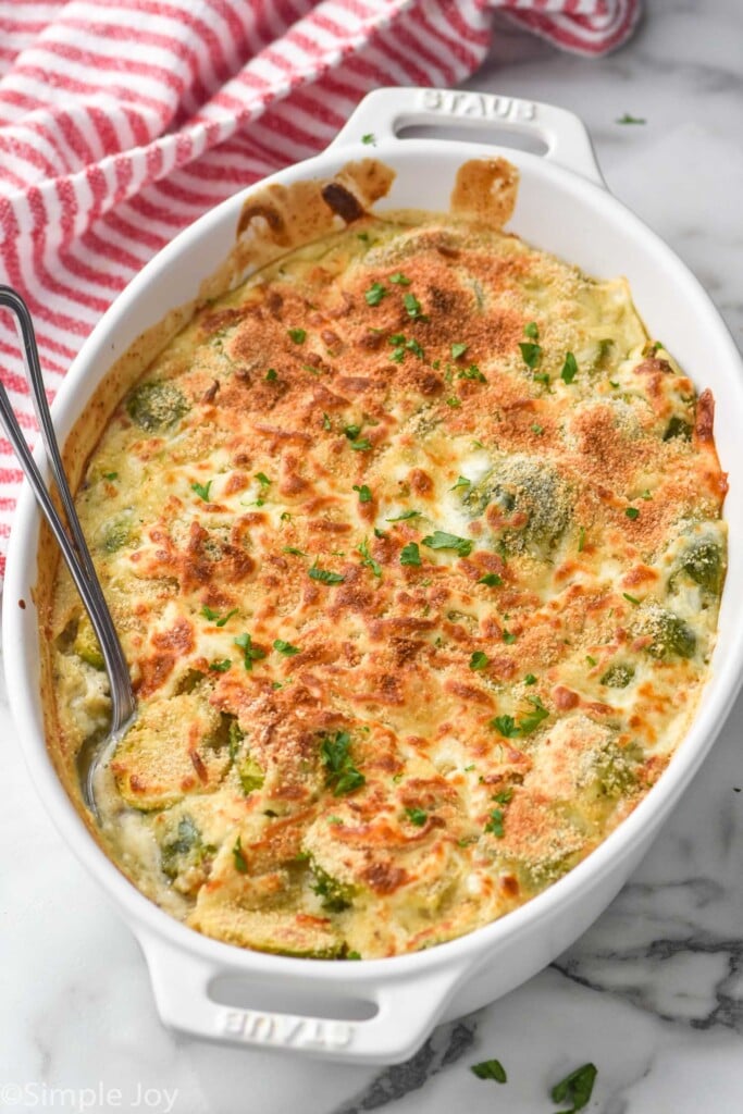 side view of a Brussels sprouts casserole in a baking dish