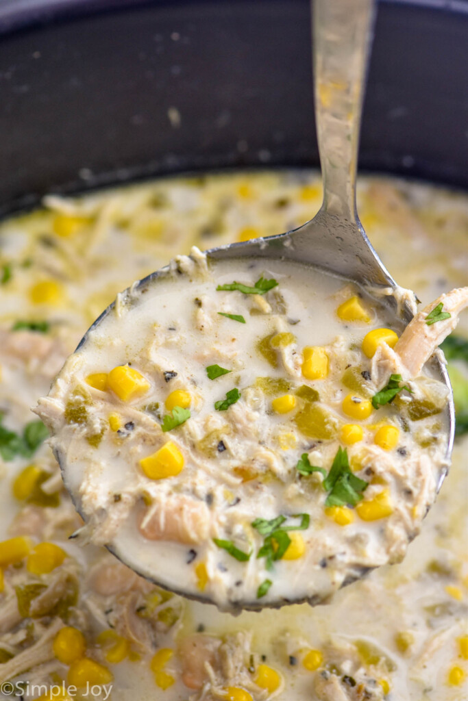 soup ladle holding White Chicken Chili out of a crockpot of White Chicken Chili