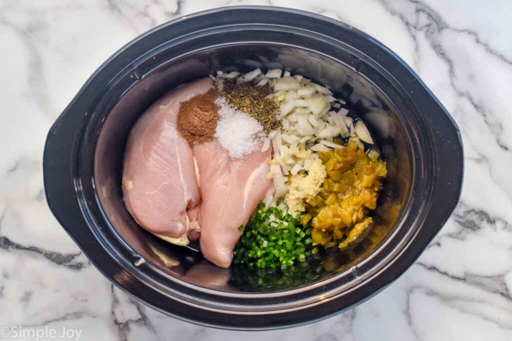 overhead of crockpot of Crockpot White Chicken Chili ingredients